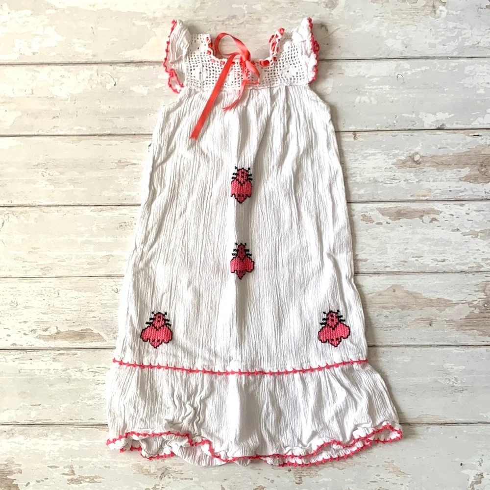 Girls Size 6 Dress Handmade Embroidered Stitch White Pink Kids Clothes